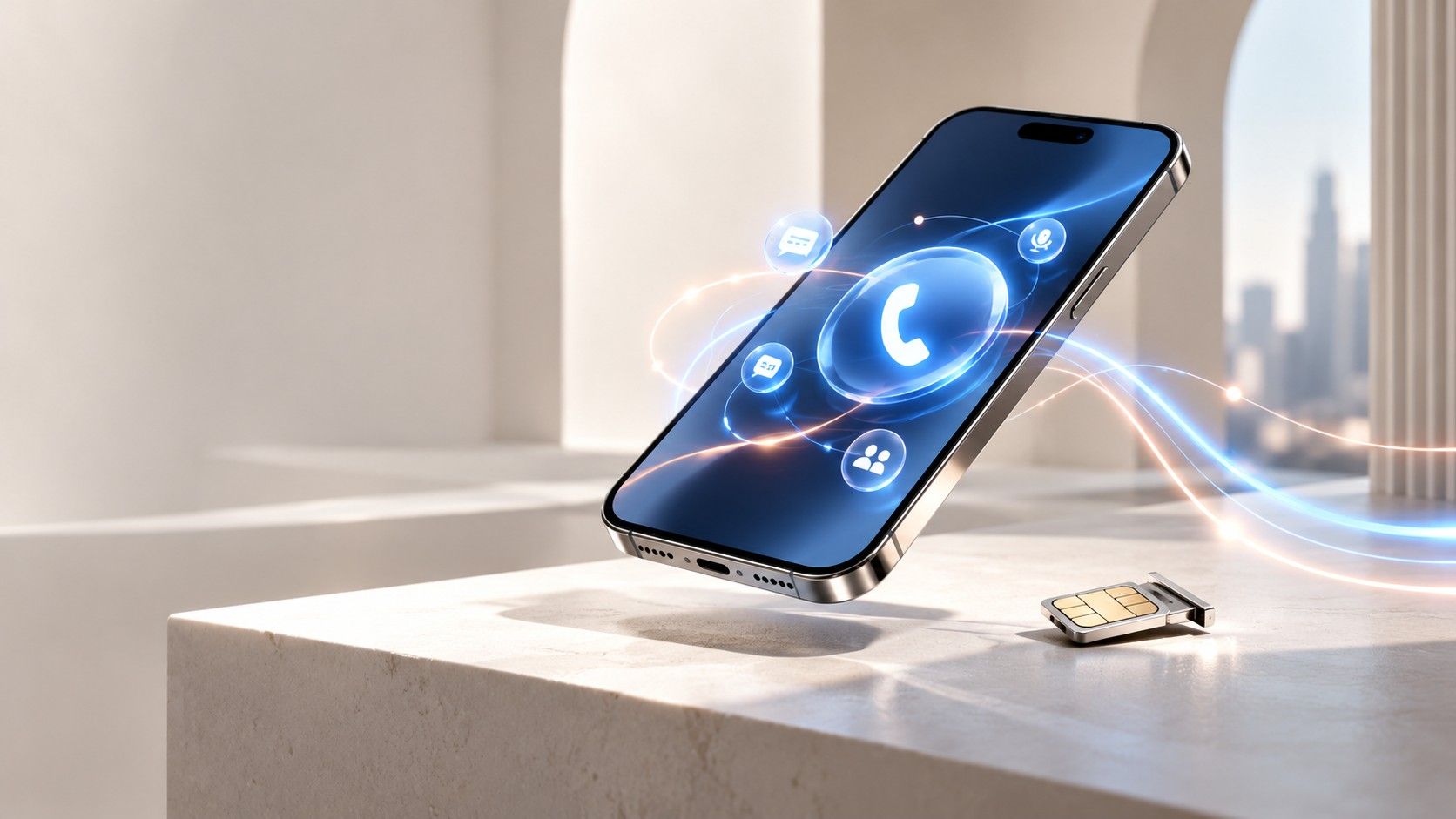 A phone shows a call icon in the air while its ejected SIM tray rests on the table beside it