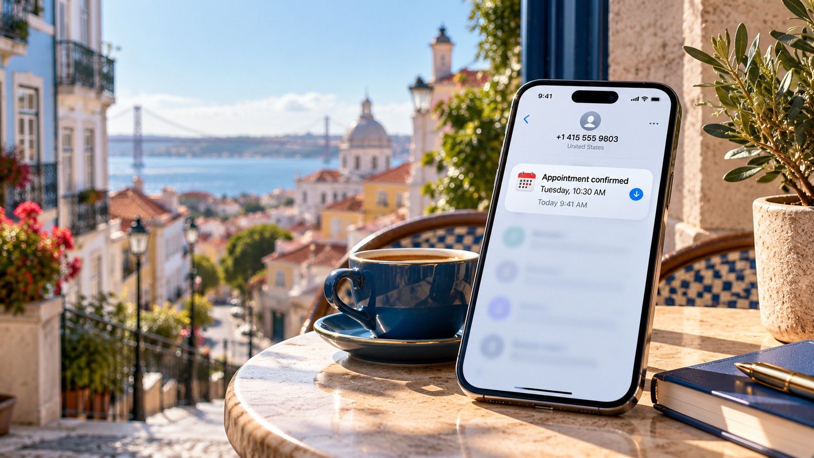 A phone on a café table shows a text confirming an appointment, a sunny old town behind it