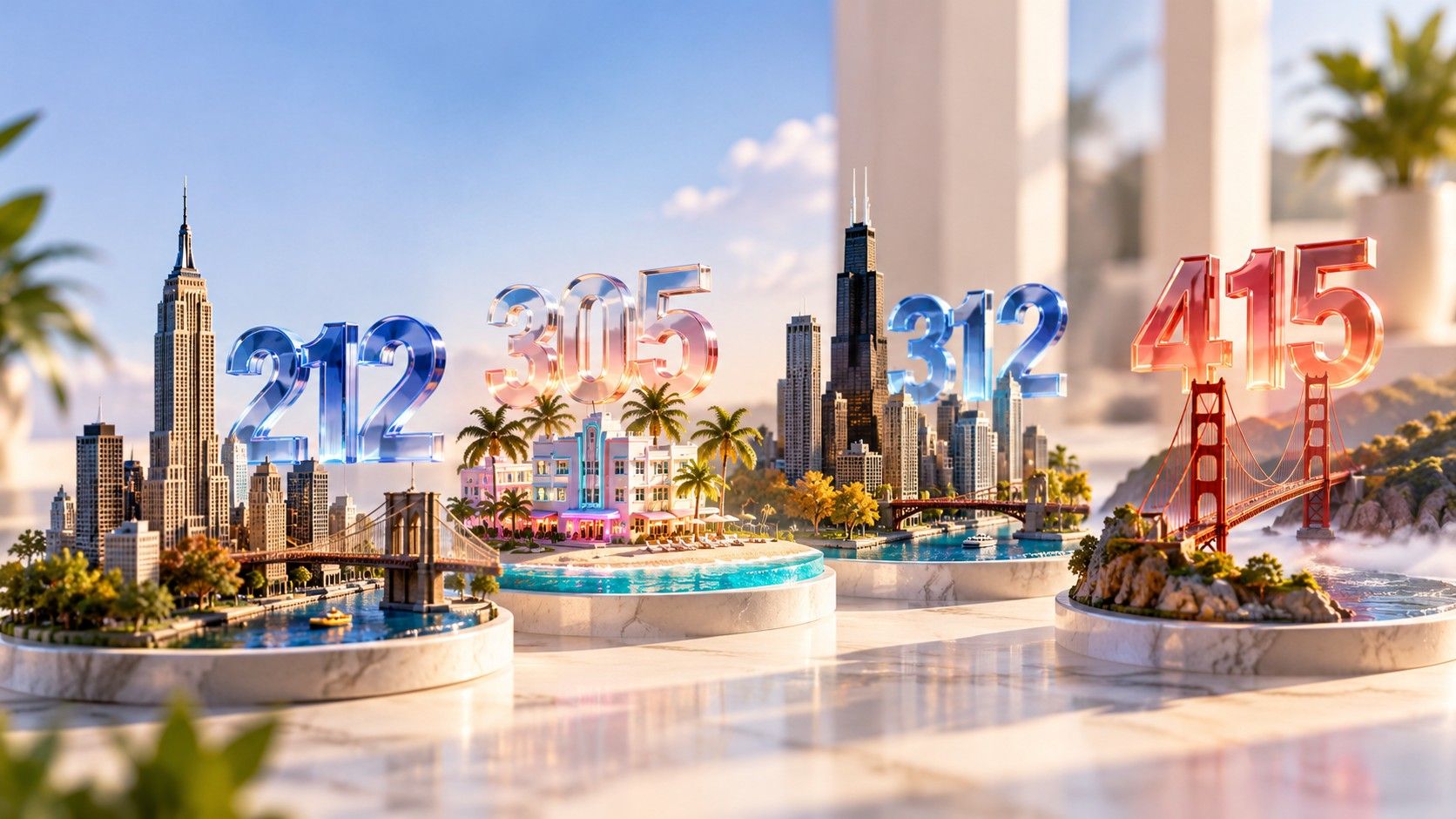 Area codes 212, 305, 312 and 415 standing over models of New York, Miami, Chicago and San Francisco
