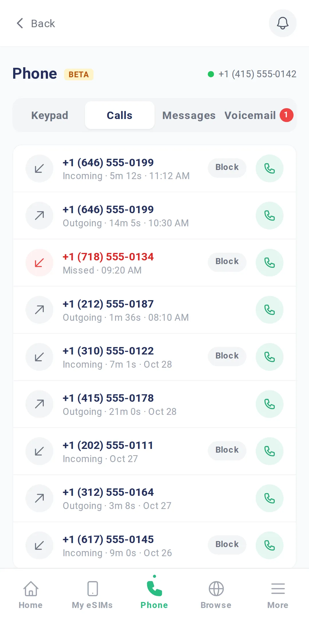 TripoSIM app call history listing incoming, outgoing and missed calls with US numbers
