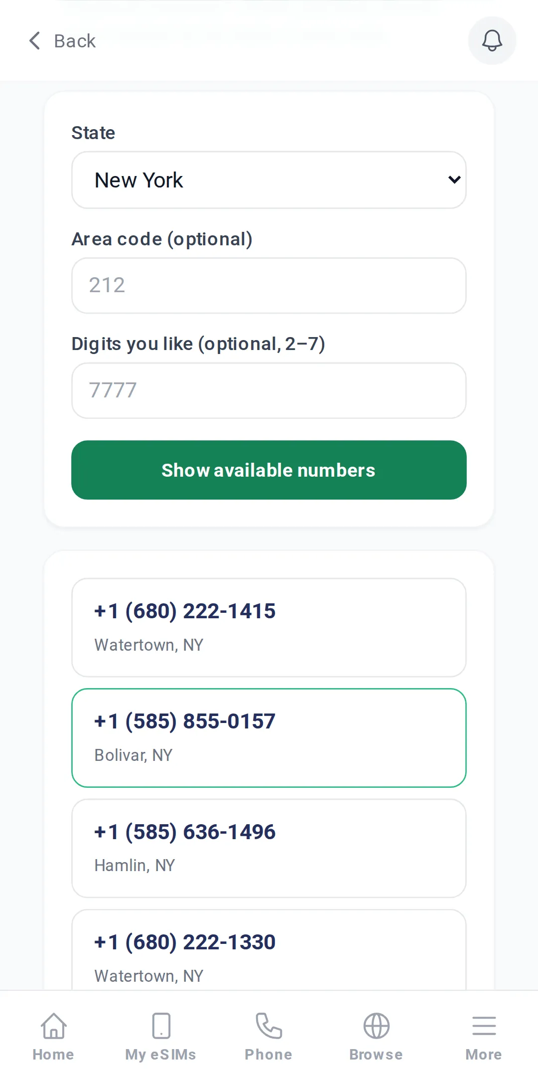 TripoSIM app number picker: choose a US state, an optional area code and digits you like, then a list of available numbers