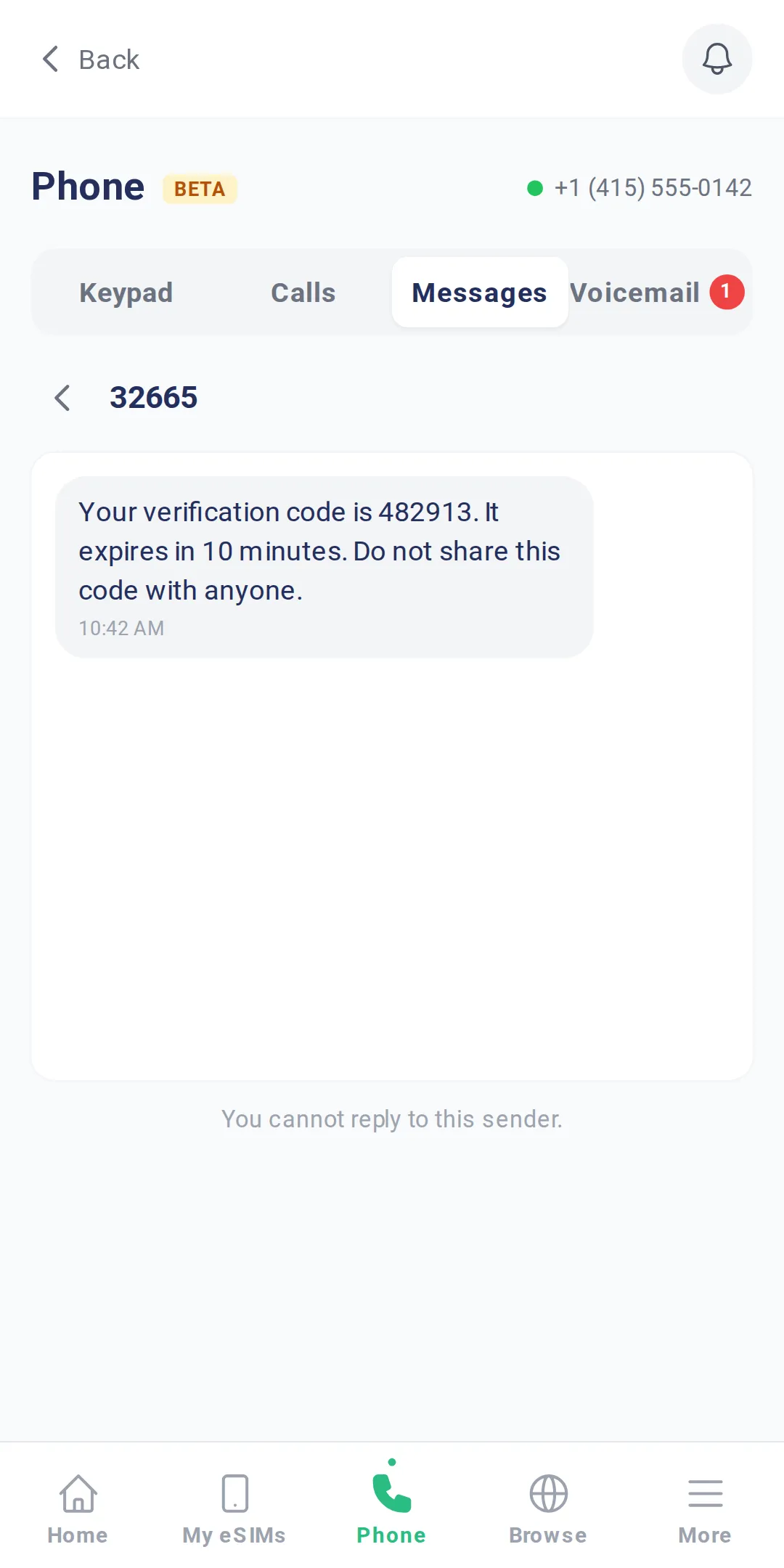 A text message in the TripoSIM app containing a six-digit verification code; the app notes that you cannot reply to this sender