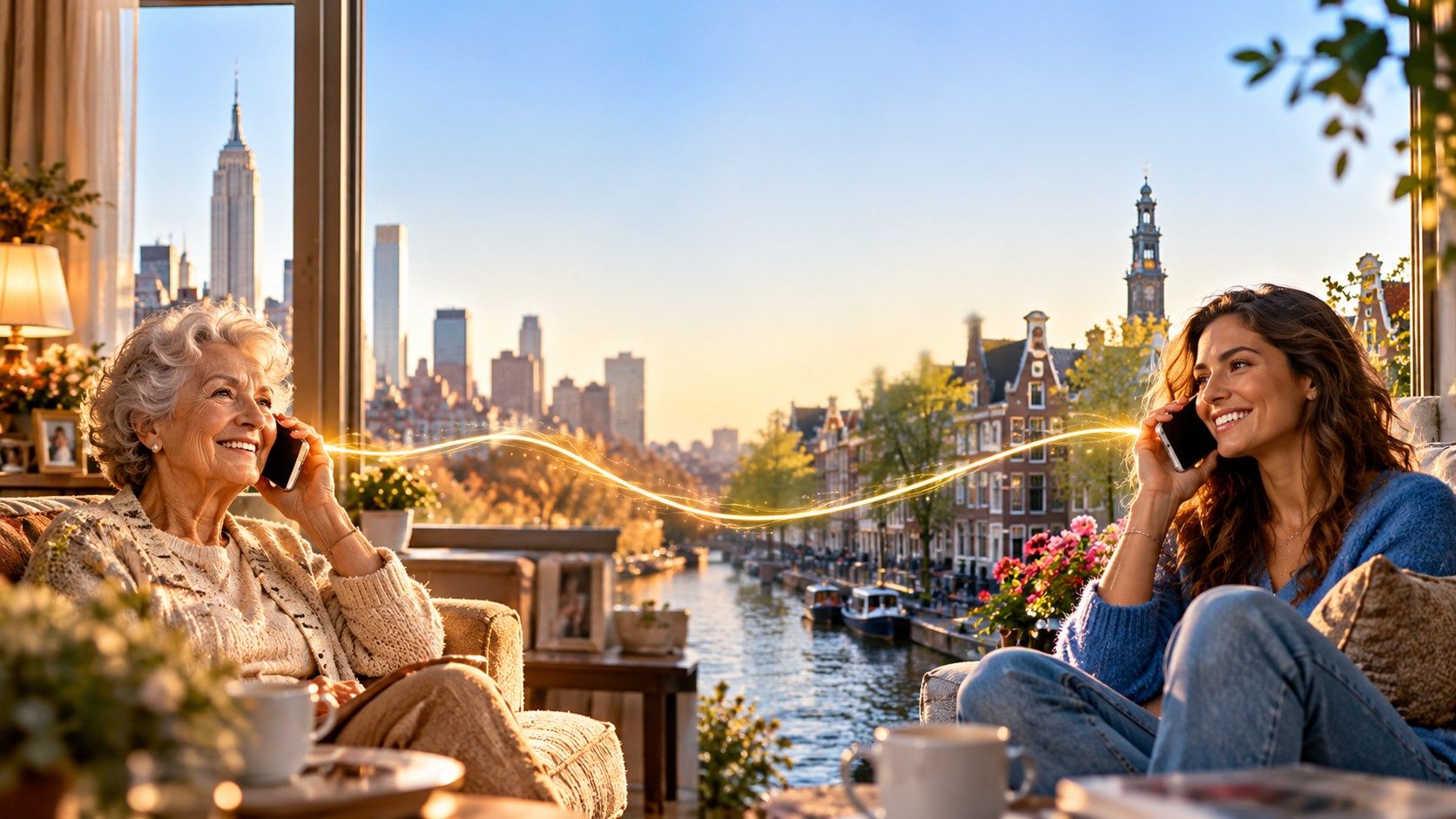 A grandmother in New York and her daughter in Amsterdam laughing together on a phone call