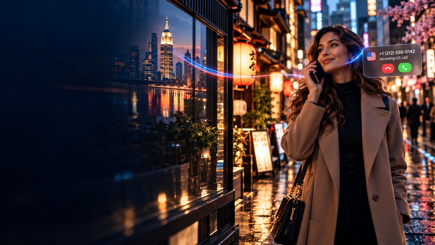 A woman on an evening street abroad answers an incoming call from a +1 212 number