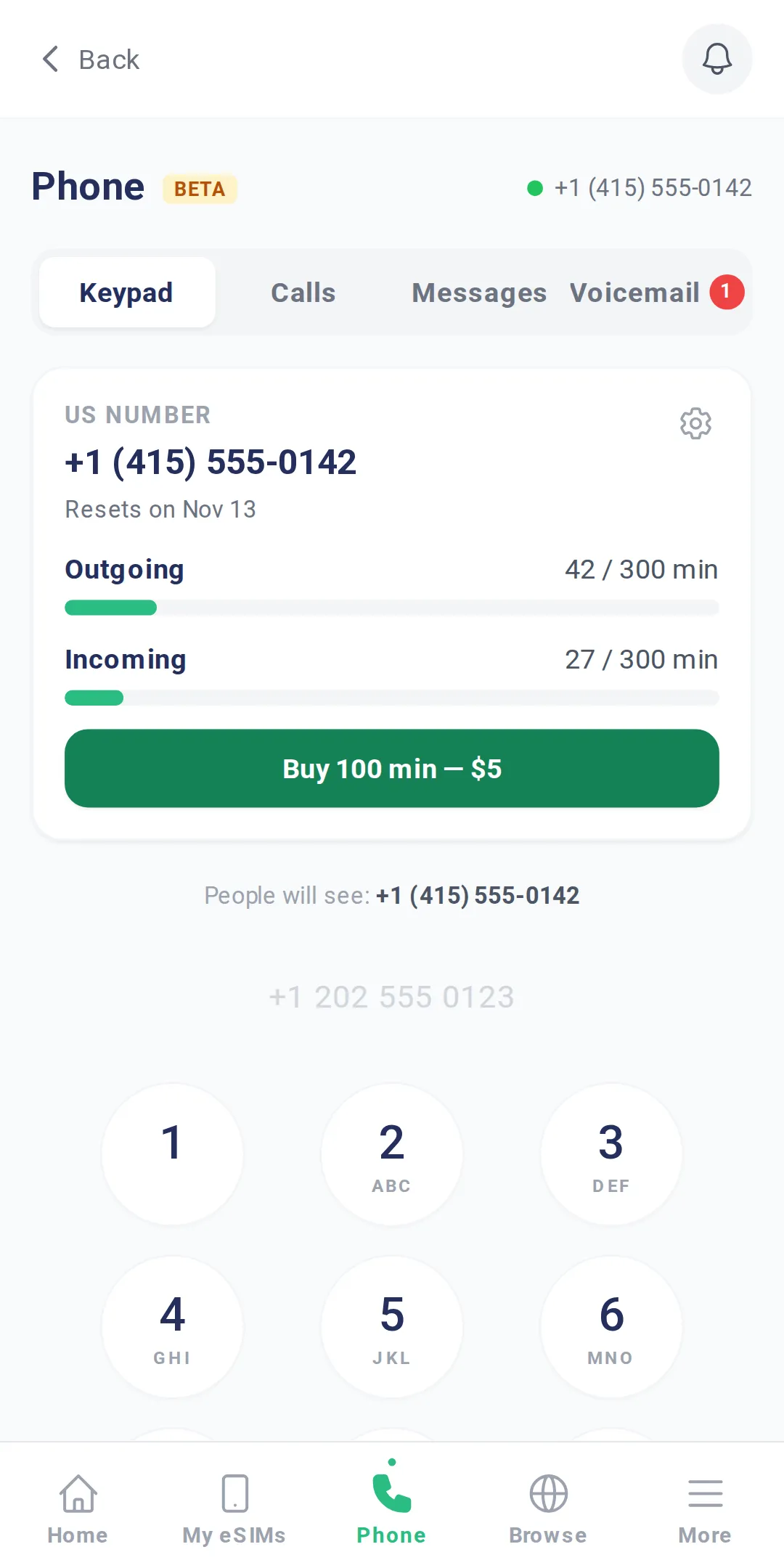 TripoSIM app Phone tab: the keypad under the US number +1 (415) 555-0142, with outgoing and incoming minutes used out of 300
