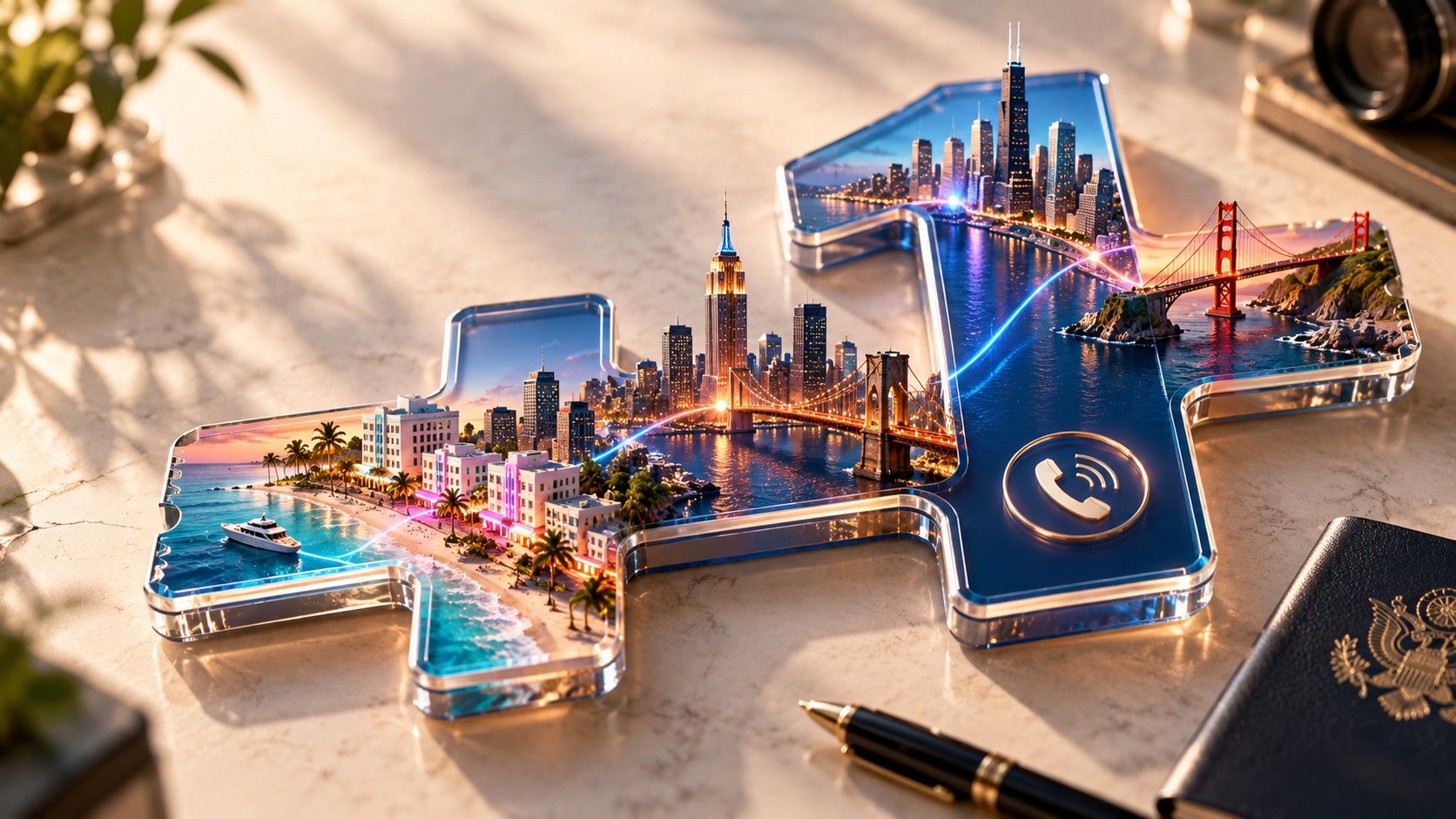 A glass +1 sign filled with Miami, New York, Chicago and San Francisco skylines, next to a passport