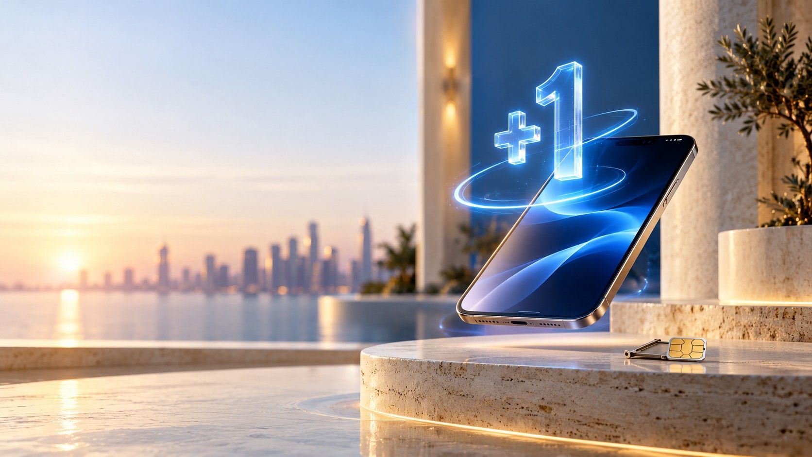 A phone on a terrace with a glowing +1 above it and a SIM tray beside it