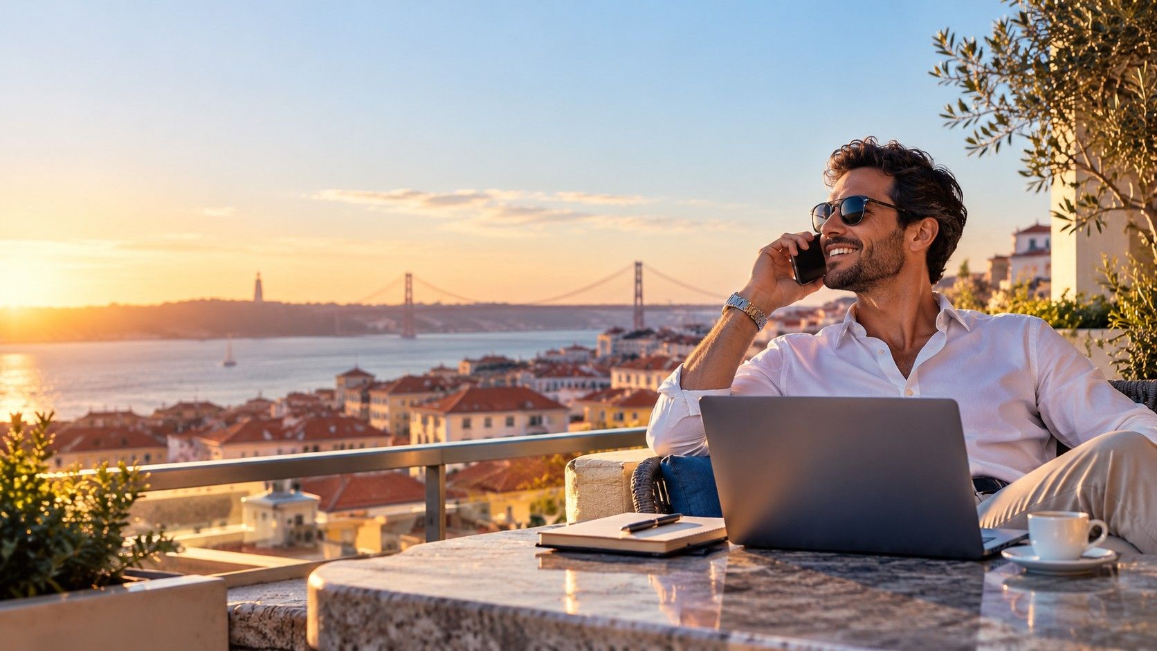 A freelancer on a sunny terrace above Lisbon takes a call next to his laptop