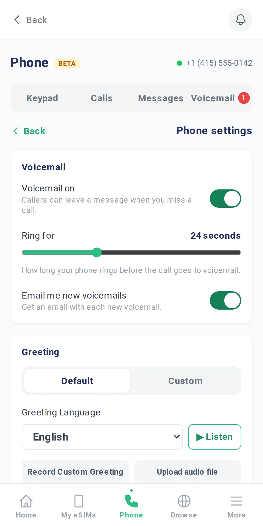 TripoSIM app phone settings: voicemail on, ring time of 24 seconds, email alerts for new voicemails and greeting options