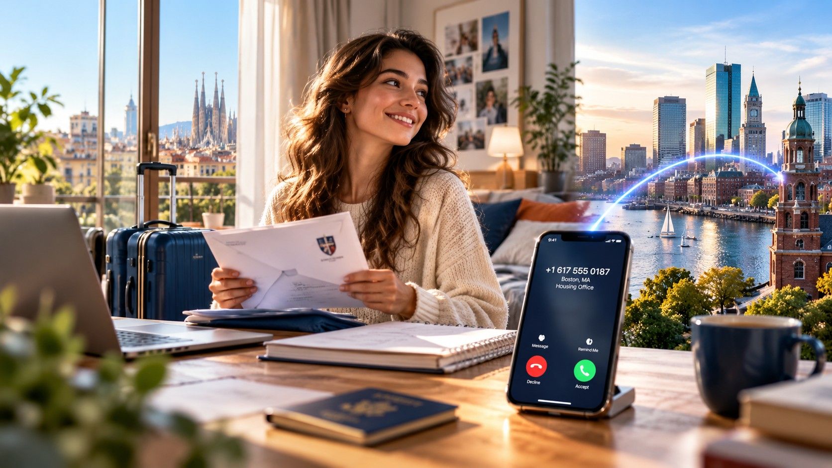 A student abroad reads a university letter while a call from a Boston number rings on her phone