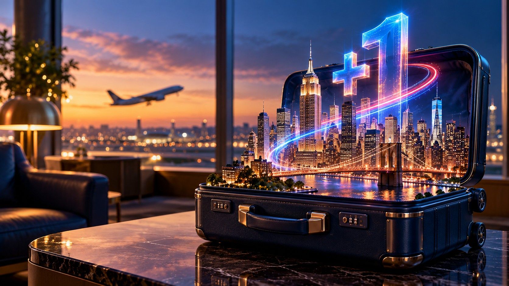An open suitcase holding a glowing model of New York with a +1 above it, an airplane taking off outside