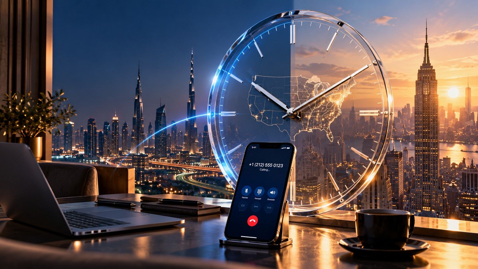 A desk abroad with a phone calling a +1 212 number, under a clock split between night and the New York skyline