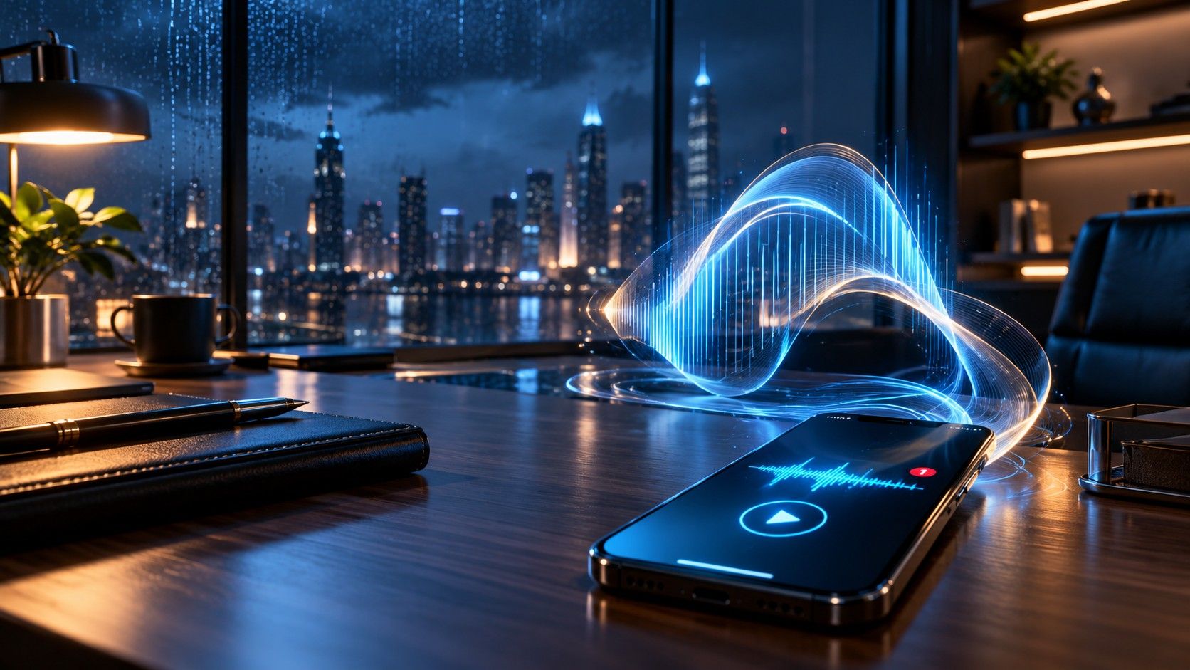 A phone on a desk plays a voicemail, its sound wave rising in blue light over a rainy city